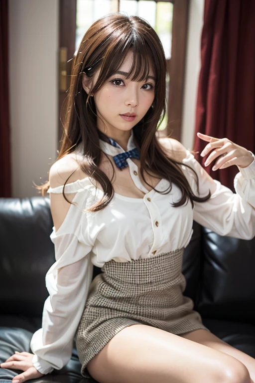 (skin scars:1.2),1woman, 28, (((woman))), (skin dents), nice, alone, realistic, highest quality, photorealistic, masterpiece, 8k, High resolution, alone, highly detailed face, cowboy shot, bust shot, passport photo, full face, (professional lighting, Bokeh), (particles of light, Lens flare, shining particles:0.6), (dynamic pose:1.2), soft lighting, Angle seen from above, Fashionable and trendy atmosphere, Japan, Tokyo, ((at night)), ((looking at the viewer)), (looking at camera),(portrait:0.6), Are standing, Upper body, close up of face, (Medium chest:1), (long hair), brown hair, floating hair, nose, lips, lipstick, enchanting smile, floating hair, mole, (cheekbone:1), (mole under eye:1.2), sweater, Jacket, skirt,(sexy pose:1.3),shy smile、blush、 (High school uniform with wide open 胸:1.4)、(nsfw:1.2)、fair skin、small nipples、small areola