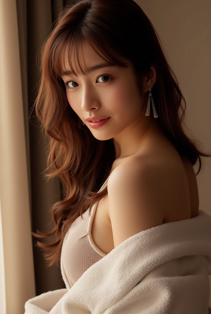 Apartment hallway,Hairdresser,((full body)),((photo)),((best qualtiy, 8K, tmasterpiece:1.3)), Focus:1.2, perfect figure beautiful girl:1.4,1girl,cowboy shot,look at viewer,incredibly absurd, beautiful and cute girl with a photorealistic face, showcasing top-quality craftsmanship, A Japanese woman standing in front of the door to her apartment, 23 years old, short hair, bangs straight above her eyebrows in a simple bang, soft waves, light brown hair, fair skin, clear skin, baby face, round double eyelids, light brown eyes, long upturned eyelashes, small straight nose, small mouth, plump lips, beautiful teeth, dimples, soft skin, , delicate, plump, A-cup small breasts, beige loose silhouette dress, brown sandals, small gold earrings and necklace, cigarette, beautiful girl, pure, soothing, husky voice, calm, curious, laid-back, April