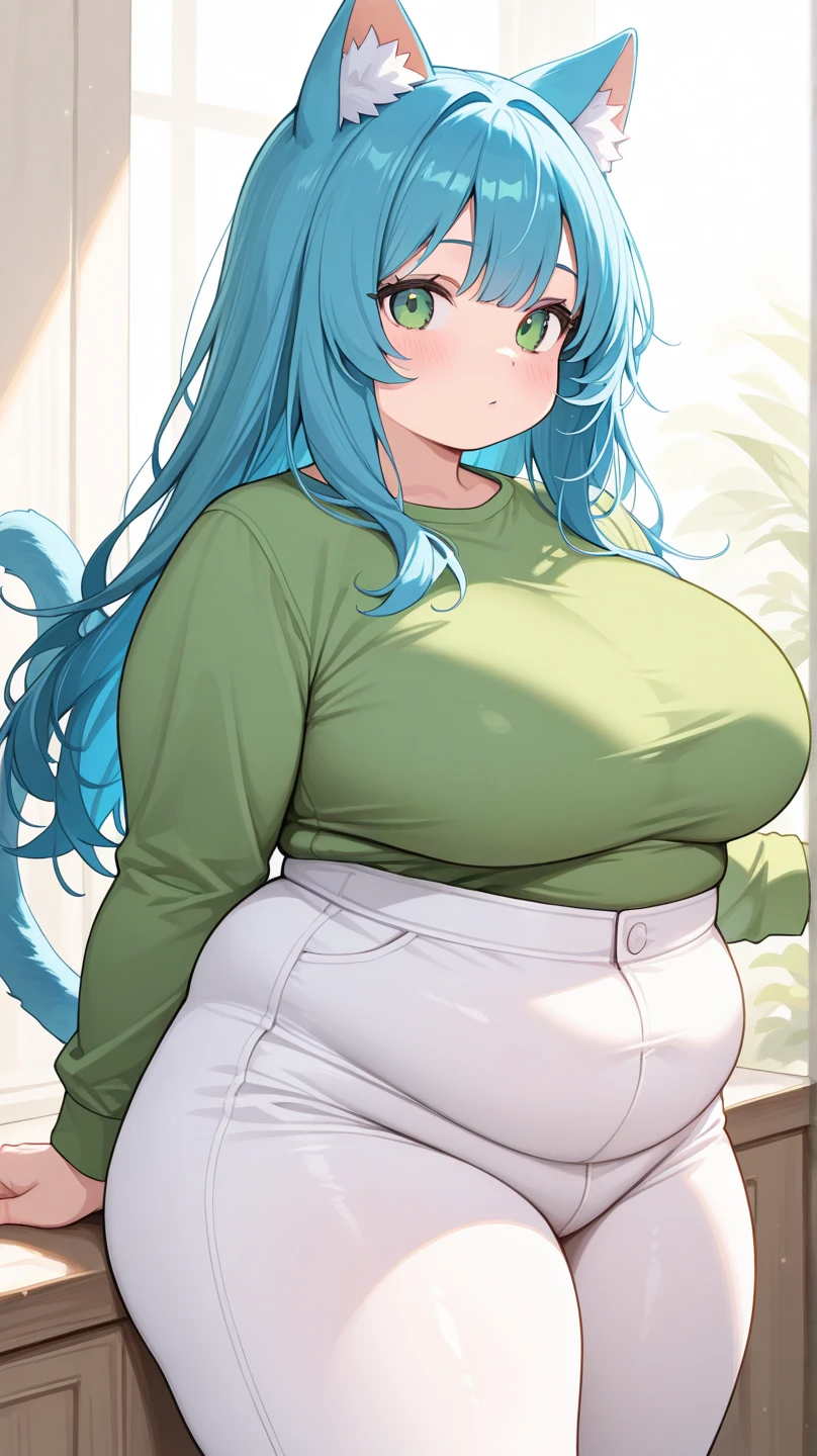 Green hair, long hair, tight outfit, white clothing, white bra, big boobs, sexy, seductive, futuristic background, chubby belly, (chubby belly:1.4)