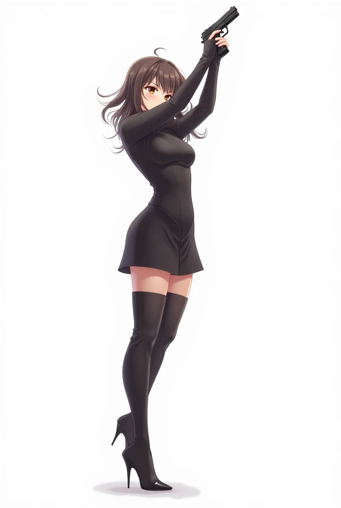 -SpiderApple, 1girl, solo, pantyhose, skirt, long hair, one knee, smile, jewelry, white background, shirt, necklace, looking at viewer, black skirt, blush, simple background, black footwear, black shirt, crop top, pink eyes, bangs, long sleeves, brown hair, midriff, closed mouth, breasts, black hair, belt, thighs, blunt bangs, miniskirt, ring<lora:SpiderApple:0.8>,