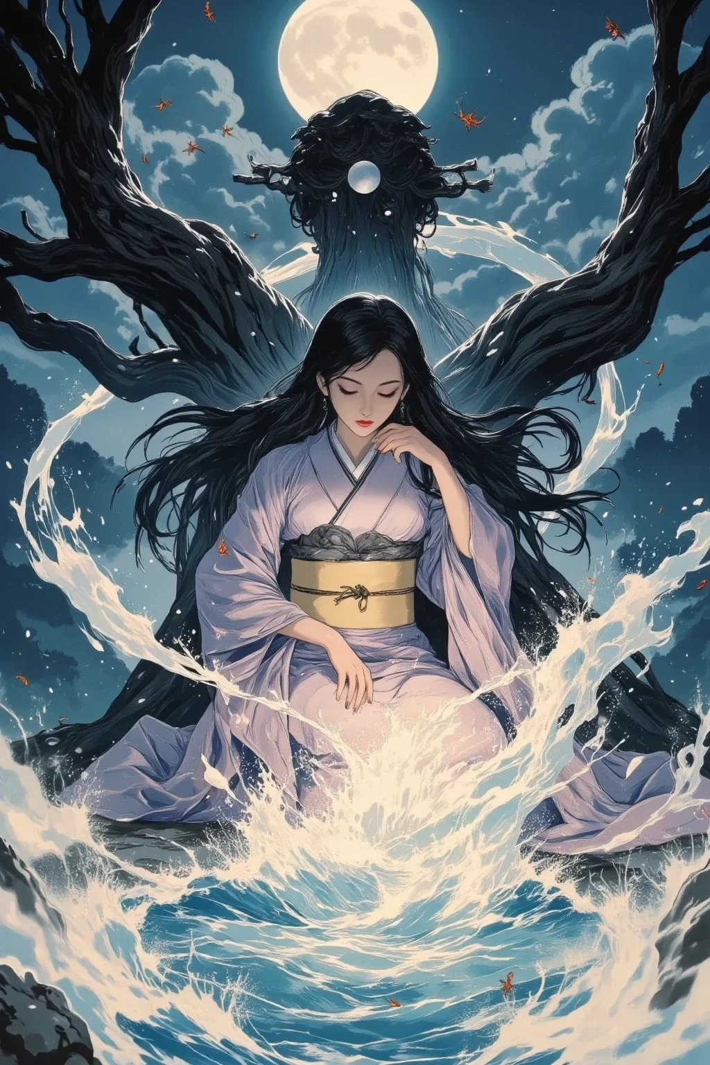 A woman in a kimono gazing at the sea where nocturnal insects shine ...
