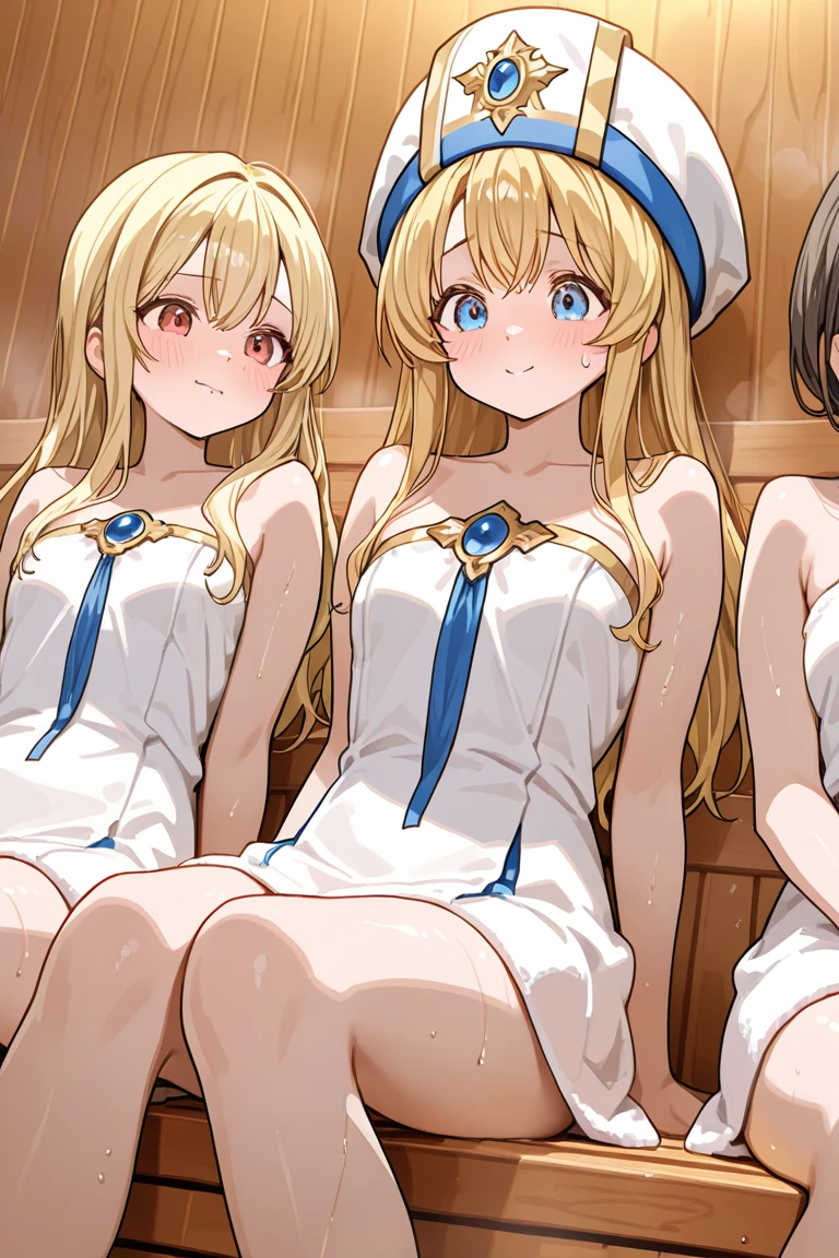 Texture CG, ((Ultra Detail Art)), ((master piece)), (extremely details CG),Multiple girls,3girls,sitting,nsfw,ragnarokarch,sexy gal , gyaru,beautiful breasts, beautiful legs, show off panties ,panty shot, wind lift ,((string panties),(wet thin panties),clothy_aside, clothing aside, clothes lift, pelvic curtain,(((White Puff Sleeves))), white thigh thighs, Gold Sash ,White blue dress from neck to chest, cleavage cutout, Long blue skirt with slit, (Blue Wide Sleeve), (Blue Dress Short Front), long hair, blonde hair, pink hair, silver hair, Curve, Beautiful detailed eyes , gleaming skin, open mouth ,light smile, embarrassed:1.4, outsides ,clear sky, in summer ,windy ,garden,