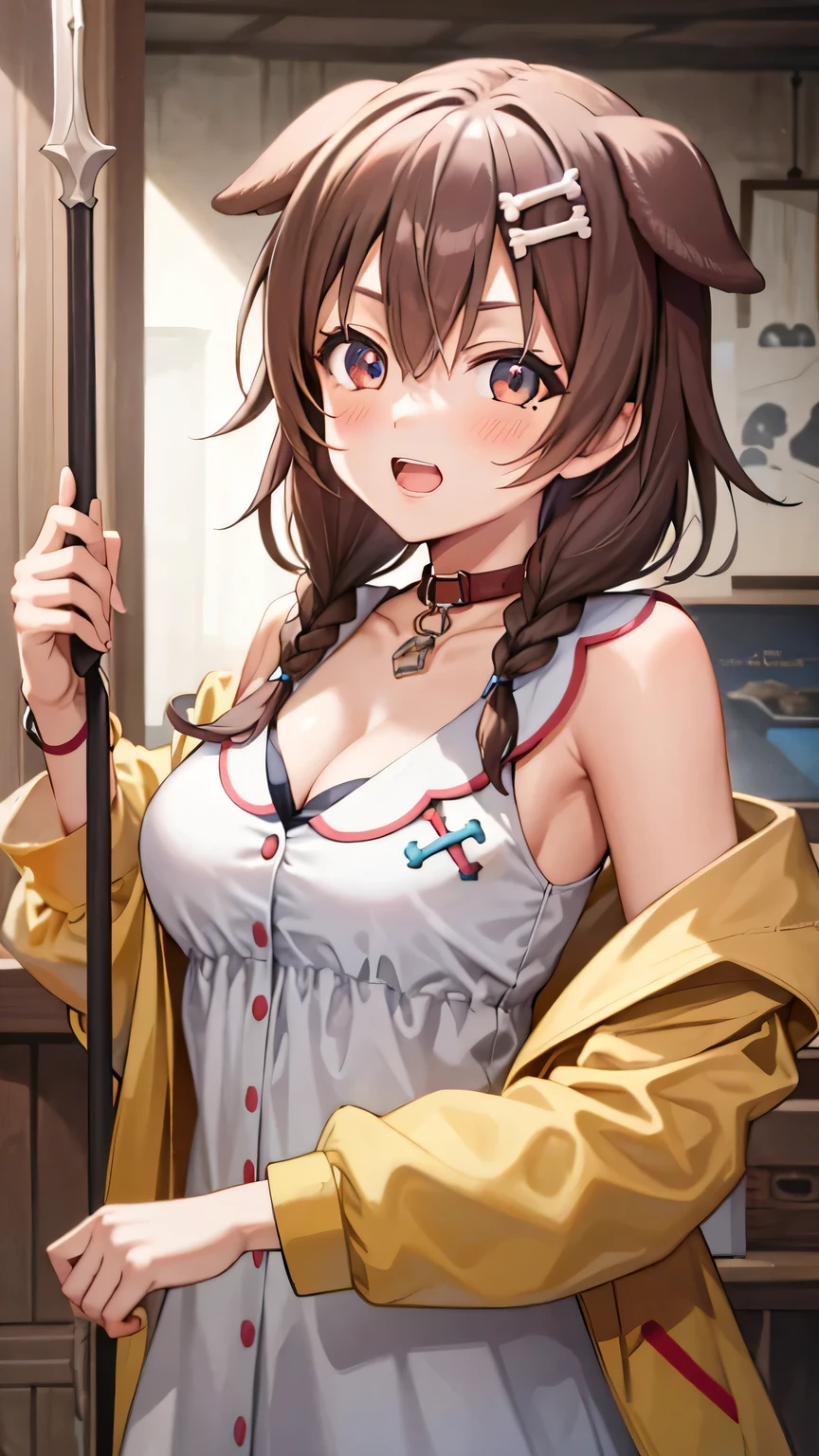 ((Tabletop, Highest quality, High resolution, , Pixel Perfect, 4K,))), 1 female, 、The whole body is visible、 ((Long Wavy Hair, bangs, Brown Hair)), ((Brown eyes, Beautiful eyelashes, Realistic eyes)), ((Detailed face, Blushing:1.2)), ((Smooth texture:0.75, Realistic texture:0.65, Realistic:1.1, Anime CG Style)), Medium sized breasts, Dynamic Angle, Perfect body, (( , , Beautiful priest、、 Priest off-shoulder jacket、Priest Flare Skirt、、)), Gold Hair Ornament、Cross Necklace、、Very embarrassing panic smile, 、In front of the shower room、look back、、Nipples are slightly visible、、Pink lace panties visible、、、、 、Angle from below)、
