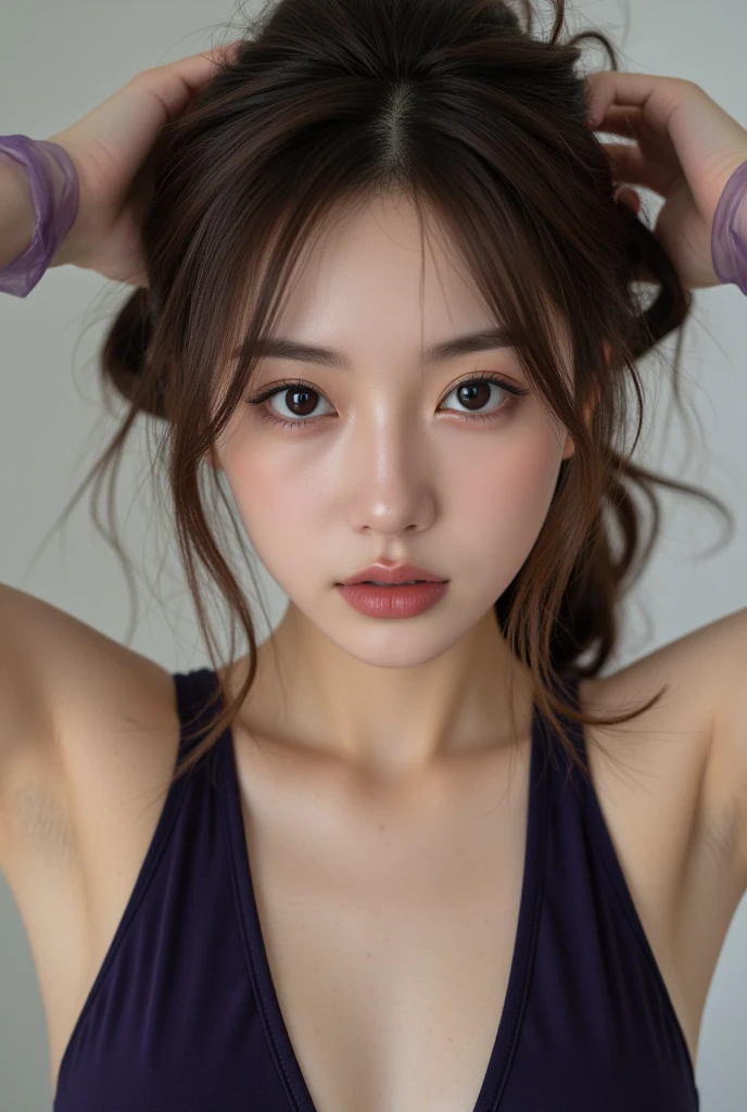 an eye contact of a blond with bun hair and pink theme