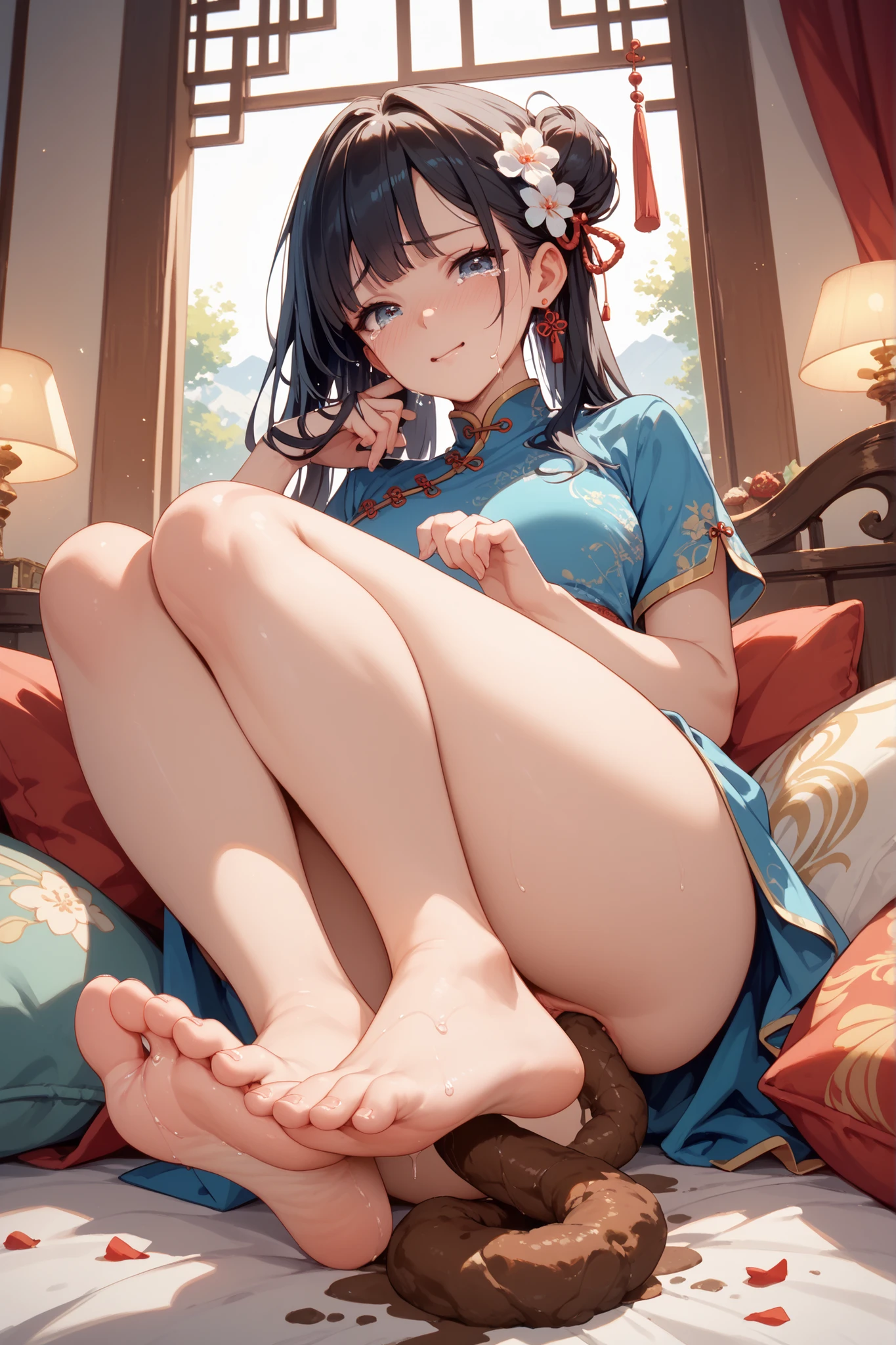 (Realistic:1.3), (masterpiece:1.2), (photoRealistic:1.2), (Highest quality), (Detailed skin:1.3), (Intricate details), Reduces light reflection, 1 female, 19 years old, Detailed skin texture, (blush:0.6), Scattered under the surface, smile, Black Hair, Straight hair, Medium Long Hair, Calm hair, bangs, Hair between the eyes, low hair volume, Sparkling Blue Eyes, Lens Eye, Light reflection in the eyes, Symmetrical eyes, Looking into the camera, hair ornaments, Wearing a Chinese dress, Medium long skirt, No sleeve, Side slits, ((White Gold Cheongsam)), She only has two legs, Two arms, Five Fingers, Two joints of the finger, barefoot, Draw the whole body, From below, Inside the room, ((Do not cover your crotch)), ((Whitish beige panties)), (vagina), (Black Panties), Perfect body balance, Good legs, Spread your legs wide, Lie, ((Use your hands to push your panties to the side)) Lie on a bed, Dark Room, Panties and clothes can&#39;t be connected, vagina, Hole in panties