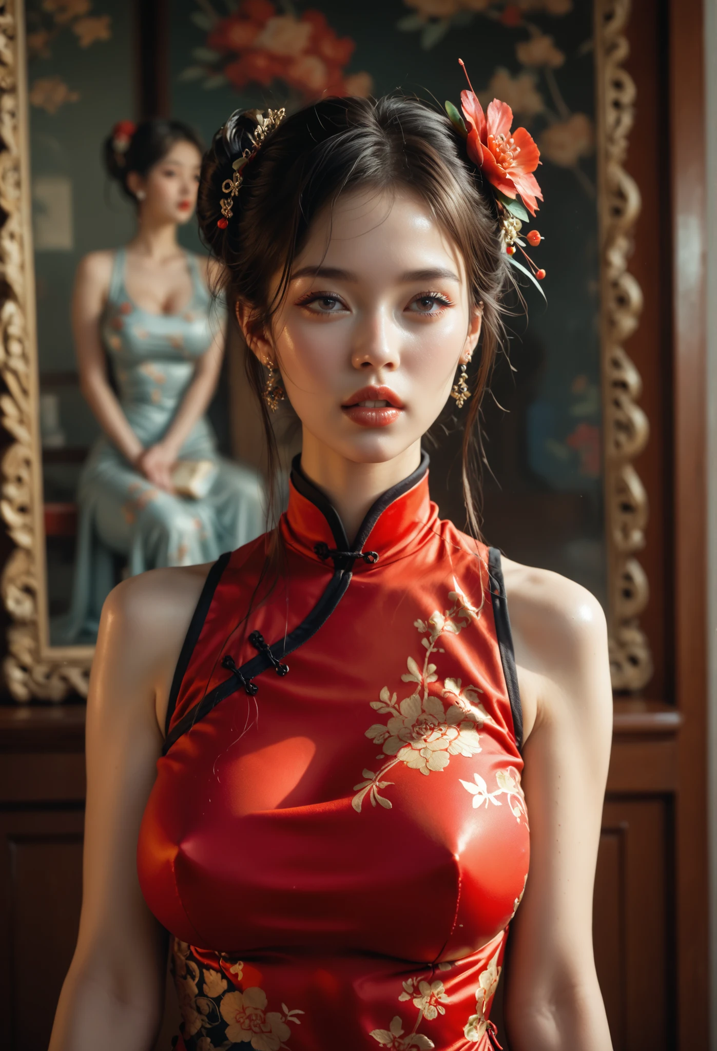 1 girl, upper body, Fashionable Girl , China Dress ,Chinese clothes,hair flower,(masterpiece:1.4),( top quality:1.4),(shiny skin), red lips, watching viewers, Big Breasts,Open lips