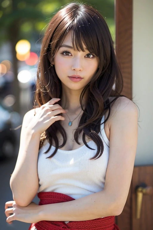 best quality, ultra high res, (photorealistic:1.4), 1girl, oversized jacket, white shirt, on Observation Wheel, bare shoulders, cute, (Jpop idol), (aegyo sal:1), (brown hair:1), ((puffy eyes)), looking at viewer, facing front, smiling, laughing, <lora:Kaede Karen_12:1>