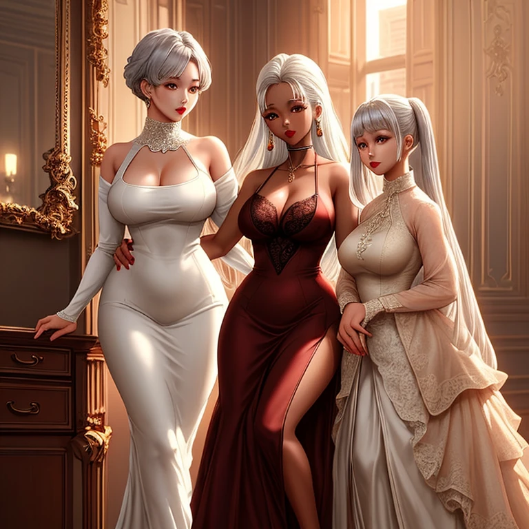 masterpiece, highest quality, (perfect face:1.1) , (high detail:1.1), dramatic, female triplets, breasts, white hair, red eyes, cleavage, long hair, curvy, large breasts, moon, see-through, night, dress, thighs, navel, white dress, laced choker, bare shoulders, wide hips, thick thighs, lips, covered, laced robe, pelvic curtain, laced pelvic curtain, toned pelvis, toned hips, milky hips, navel piercings, body piercings, huge breasts, muscles, big biceps, thigh muscles, bruised knees, white Heels, white sandals, body piercings, Chun Li thighs, neck chains, castle, detailed background, art by artgerm and greg rutkowski, cinematic lighting, penis inside vagina, semen flowing, (8k, RAW photo, best quality, masterpiece: 1.2), (realistic, photorealistic: 1.37), night, professional lighting, photon mapping, radiosity, ripped, big, pure white and very small knitted with protruding tips, areola protruding, pubic shape clearly visible, gal, lots of lashes , Lame on the eyelids, pitch black lip, pitch black heels, pubic hair, lower abdomen bristles, slender, crotch open, are large and likely to spill out of the bra, pubic hair is very large, pubic hair is very protruding