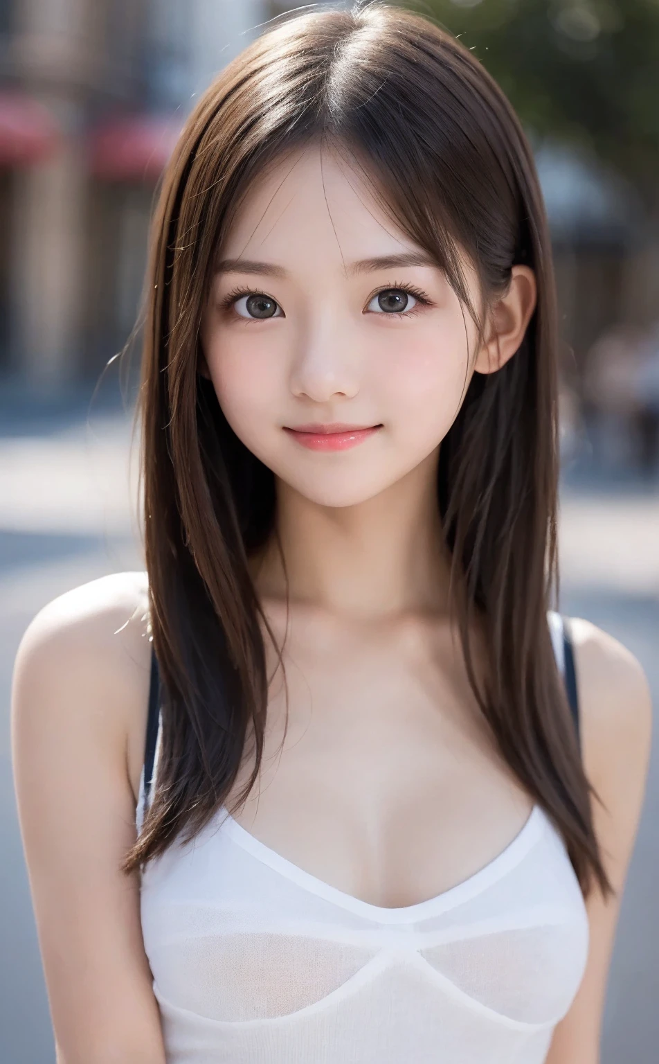 (Best-quality, Masterpiece, Ultra-High-Resolution, (Photorealistic:1.4), Raw Photo, depth of field, professional lighting, perfect , extremely details), 1girl, the most famous Japanese idol, portrait, (extremely cute face like the most popular Japanese idol, (extremely cute and extremely big eyes), extremely cute black-hair), extremely cute long-eyelashes, extremely cute lips, extremely cute , (((extremely beautiful and extremely realistic skins))), ((innocent smile))