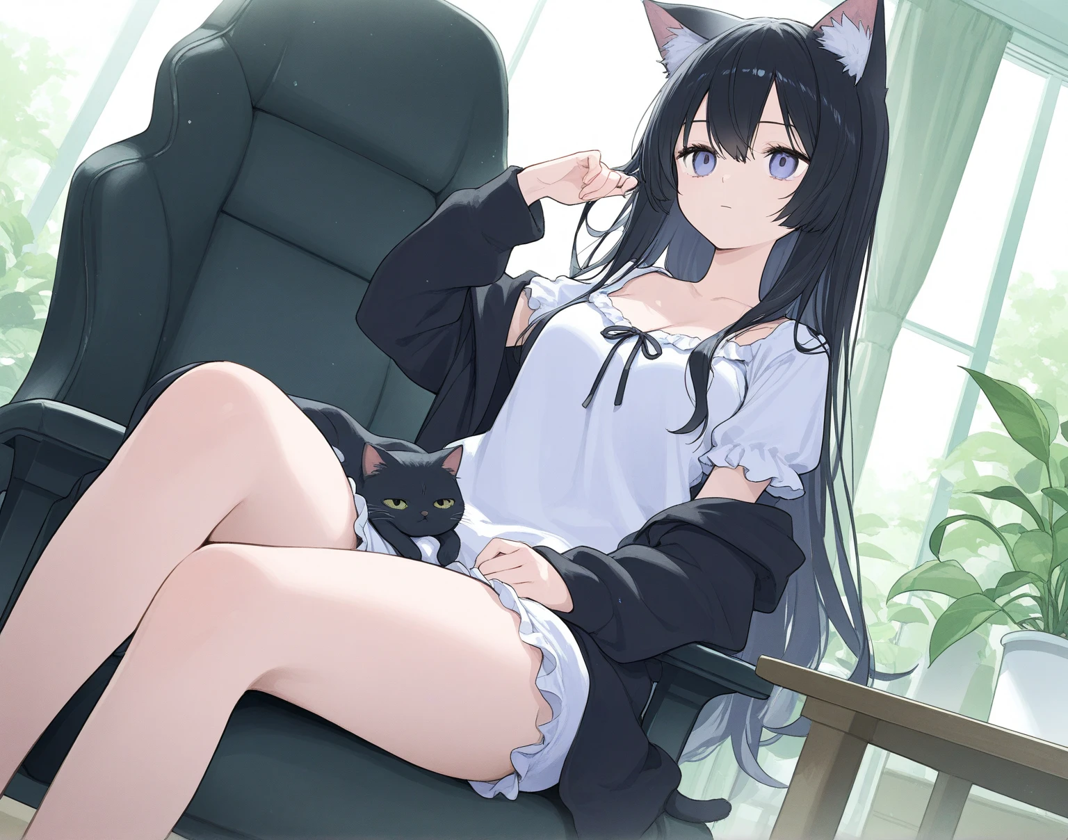 ((highest quality)), ((masterpiece)), (detailed), Perfect Face ,Girl Room Background, 1 girl、((highest quality, expensive_solve, clear_image)),(Black Hair), (Black cat ears), (Ahoge), (Ridiculously short hair), (Wavy Hair), (blue eyes),Tremendous smile、I put on my loungewear,Very large breasts