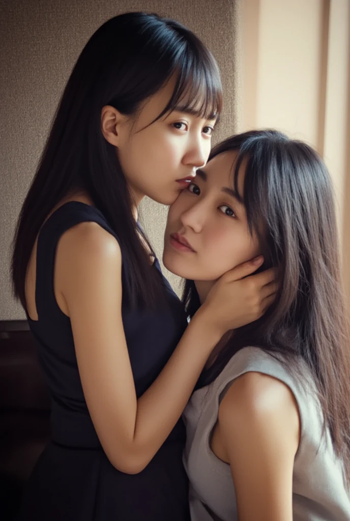 (In the same space, two identical twin hair models are lying on a bed facing each other, embracing each other, closing their eyes and kissing, photographed from the chest up.)　((They both closed their eyes and kissed:1.4))　(The two are identical clones, Wear the same clothes, stop temporarily, Hairstyle, exterior.:1.5)　((Beautiful 18-year-old model with long black hair, girl with super length Hair, extremely length Hair, extra length Hair, very long, Flowing Hair, very length Hair, length Hair girl, very long, Flowing black hair, length Hair windy, Very long black hair, length, Flowing Hair,Incredibly long-lasting hair, length Hair!!!!　Her highest quality hair is long and straight., very long, highest quality black hair, length hair in the center, Highest quality long straight hair, length, straight, beautiful, High quality hair, length and free black highest quality straight hair, length Hair, length and straight, highest quality black hair, Perfect silky straight hair of the highest quality, straight, highest quality black hair, length black straight hair, length, Thin black hair　Her hair is long and straight, very long black hair, length hair in the center, length straight hair, length, straight, beautiful hair of the highest quality, length Hair, length, straight black hair, length and free straight black hair, straight black hair))　(Her bangs are perfect.:1.3)　(Pure white wall background:1.8)　(Japan&#39;s most sexy and beautiful 18-year-old beauty model)　((highest quality)), ((masterpiece)), (Familiar)　(Get used to it)　Perfect Face　　(Her skin is a typical Japanese skin color.....、And very detailed)　　(Big Breasts:1.3)　(She has a beautiful face and a typical Japanese figure...., Narrow eyes)　(She has perfect beautiful makeup and face　Lipstick is light red　A solid eyeliner)　((Rich 1.4))　(Extremely detailed 8K)　(Ultra-fine skin texture 1.4)　(Actual, Vibrant:1.4), double eyelid　Sharp focus:1.2、Beautiful woman:1.4　Dynamic Lighting　(Genuine RAW photos taken by professional photographers)　　Professional Hair Shine.　(She has a bright and cheerful face)　　(((途方もなくlengthBlack hair 1.3)))　(length, Shiny black hair, その女性はlengthBlack hairをしている, lengthBlack hair, Waist-length hair, very lengthBlack hair, thick shining black hair, black silky hair, length and shiny hair, lengthBlack hair, length, Flat Hair　Ridiculously long hair, Black shiny hair, Very shiny, Abnormally long hair, 厚く輝く異常にlengthBlack hair,Jet black silky hair　Her hair is とてもlength and straight　length, Voluminous black hair that reaches down to her ankles　unusually long black hair, unusually long black hair, Very long black hair)　(Her face is slim and dignified.., length, Narrow eyes..々Nice face)　(They are&#39;They&#39;re both wearing the same white lingerie:1.5)