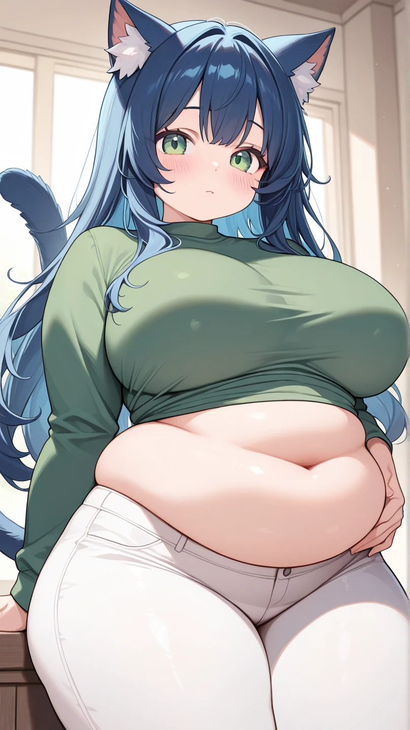 fat, large belly, standing, fat belly, very fat, large stomach, chubby, Aqua, Aqua Konosoba, very fat, safe for work, obese, giant belly, fat, huge, heavy, very fat, safe for work, fat, large belly, standing, grabbing belly, very fat, large stomach, chubby (best quality, masterpiece), Christmas, wearing sweater,, sitting down, table full of food, cookies, eating cookies, very fat, Christmas season, Christmas time, Christmas season, holidays, Christmas sweater, holding belly, clutching belly, touching belly, grabbing belly