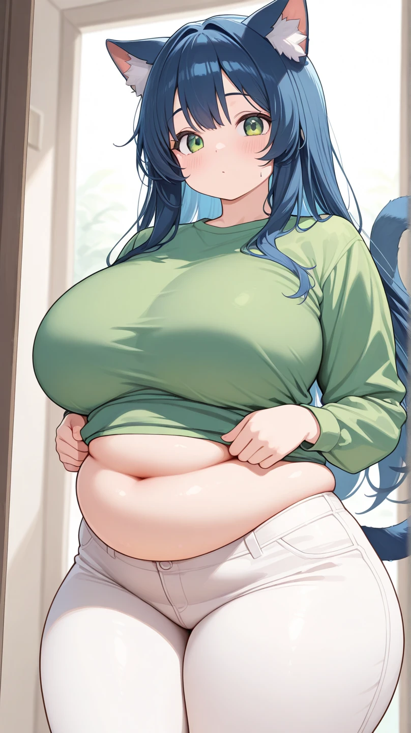 (masterpiece, Highest quality, Highly detailed Unity 8k wallpaper, Exquisite character design, beautiful huge 胸, Very much more on the face, Very good anatomy), Asagi, One girl, Blue Hair, Long Hair, bangs, Big Breasts,large breasts and nipples,Big buttocks and thighs,Plump,Tank top,Belly button,Denim mini shorts(Bite,small,Pussy,Pussy)
