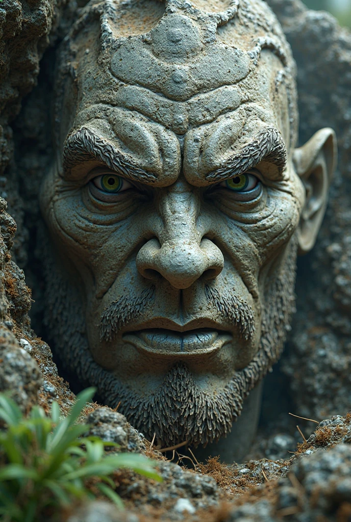 stone golem, (majestic and bulky: 1.6), (cracked gray rock with moss: 1.1), (shapeless face: 1.5), deserted stone hill with bushes, ((looking at viewer:1.2), (from side:0.8)), dirty, volumetric lighting dynamic lighting, real shadows, vibrant contrasting colors, style of Stephen Hickman and Stan Manoukian, ultra realistic, masterpiece, high quality, highres, sharp focus, intricate, sharp details, highly detailed, rich color, 8K,