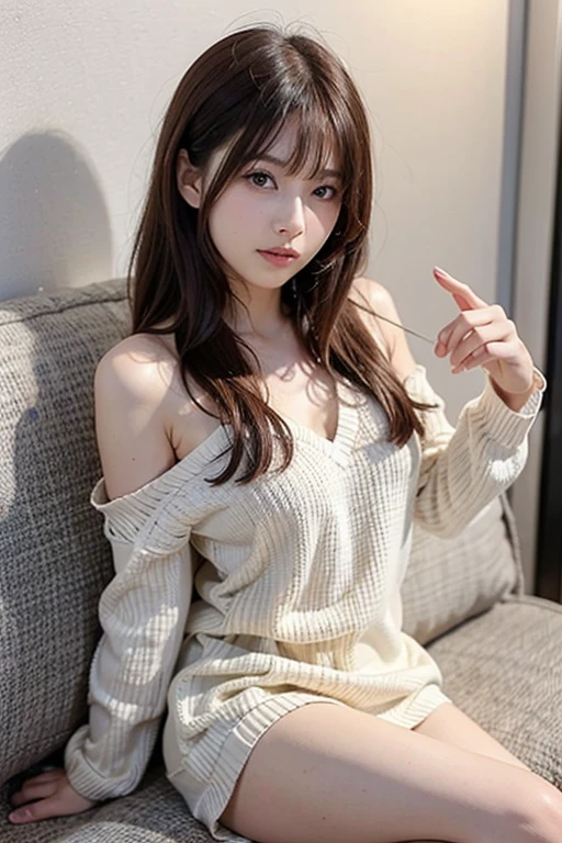 1 Girl、((Virgin Killer Sweater))、Shorts、blue sky、Bright and very beautiful face、young, Glowing White Skin、Best Looks、Blonde hair reflecting the dazzling light、Beautiful shiny blonde hair and super long silky straight hair、Long bangs、garden、Sitting in a chair、Brown Hair、With a smile