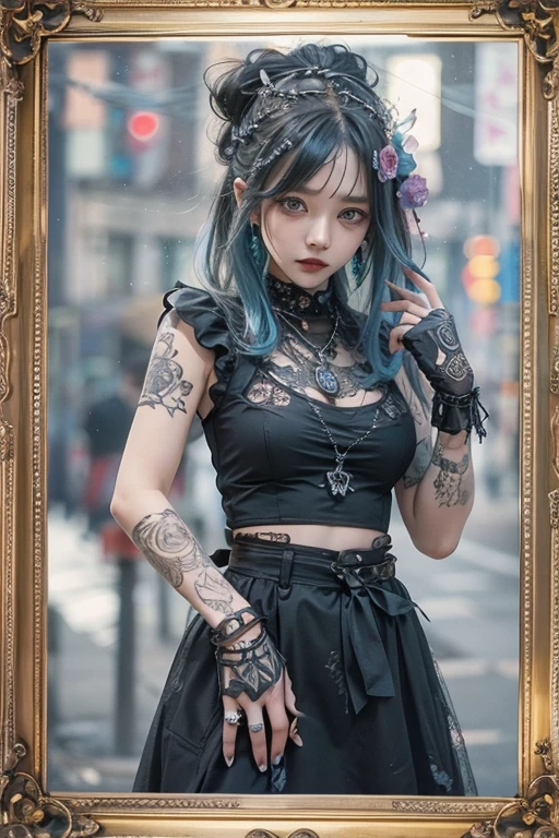 Hay una mujer sentada en un banco en un bosque, cyber punk setting, Diesel punk femenino, cruel korean goth girl, Vestido con ropa punk, Outfit estilo cyberpunk, Vestido con ropa crustpunk, Llevar un atuendo punk, grunge aesthetic!!!, Conjunto punk, postapocalyptic vibes, goth punk clothes, Estilo punk, Aspecto dieselpunk, mechanic punk outfit
