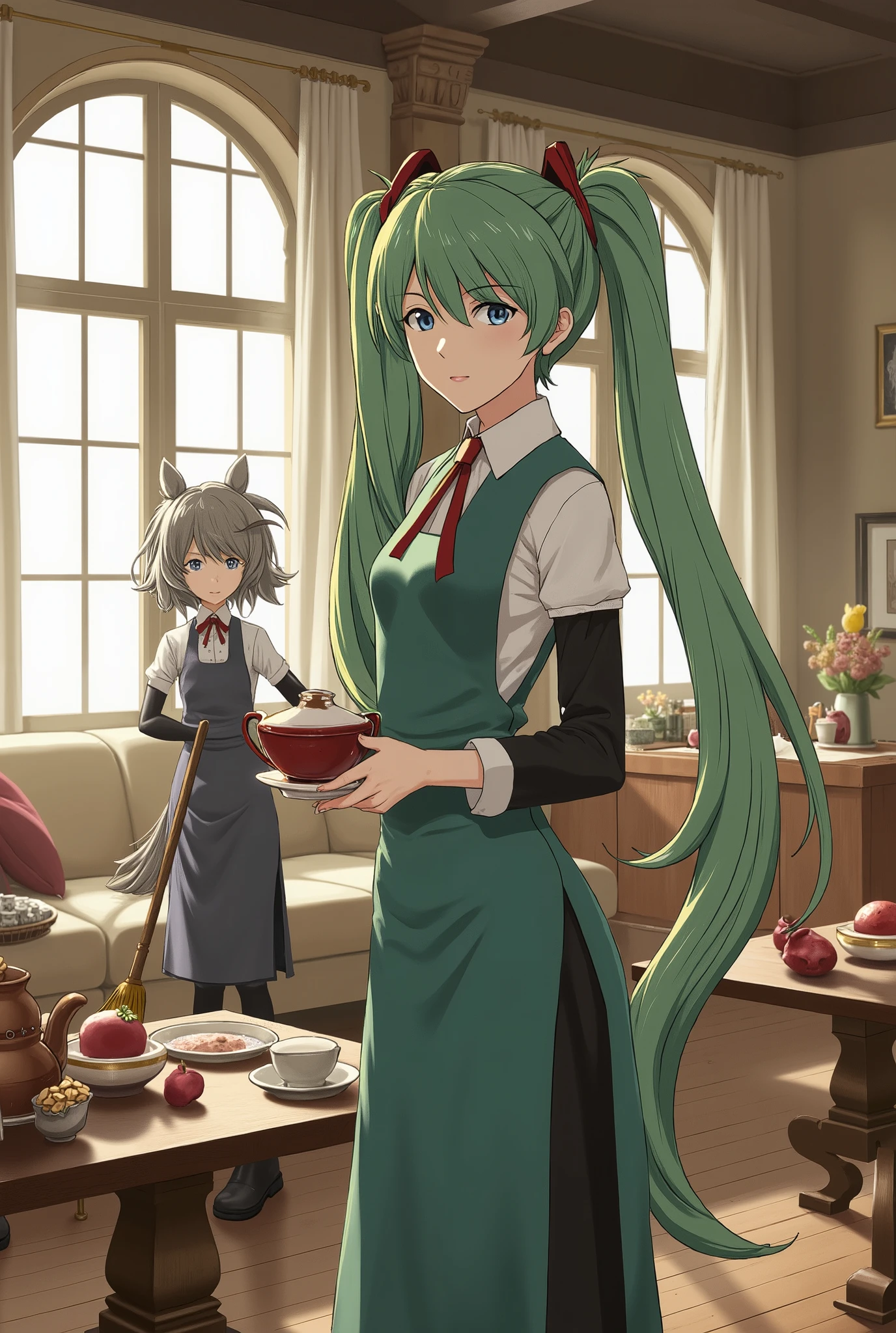 ( masterpiece、 best quality、 best quality、Official Art、 beautiful beautiful :1.2) Hatsune Miku、light green twin tail, beautiful breasts, concentrate on dog butler (stare at the rice bowl) gracefully brewing tea, butler holds a file、Observe the whole, dog butler cleans with a broom in the back of the room, Sofa, tables, wide shot, cinematic lighting, cinematic composition,girl in butler clothes、dog cosplay、Girls in men's clothing、girls in tuxedos and pants、 dog ear、Dog's tail、(masterpiece, best quality, perfect face:1.4), Wide angle, Hishi Miracle \(Uma Musume\), 1 girl, Gray Hair, horse ears, ear cover, earrings, horse tail, tail on the lower back, Proportion body, Proportion, beautiful hair, beautiful face above the castle gate, beautifully detailed eyes, above the tongue, beautiful body, beautiful breasts, beautiful thighs, beautiful legs, beautiful fingers, in their 40s, Wearing a Black Butler costume, transparent ear covers, A silver tray in one hand, with a white napkin on the other arm, in their 40s, serious expression, realistic skin with a spear, high resolution, in their 40s, Good move,