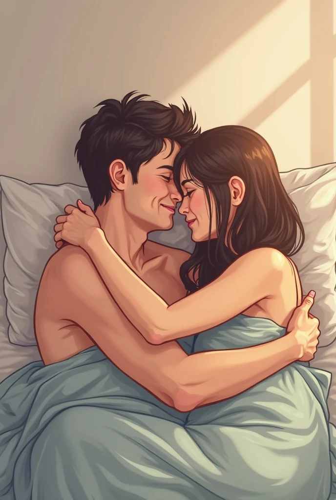 there is a man and woman laying in bed kissing, wikihow, wikihow illustration, dreaming of kissing a girl, kissing together cutely, making out, cuddling, kiss mouth to mouth, kissing together, kissing each other, couple on bed, realistic!!, he holds her while she sleeps, couple pose, marton gyula kiss ( kimagu ) --auto --s2