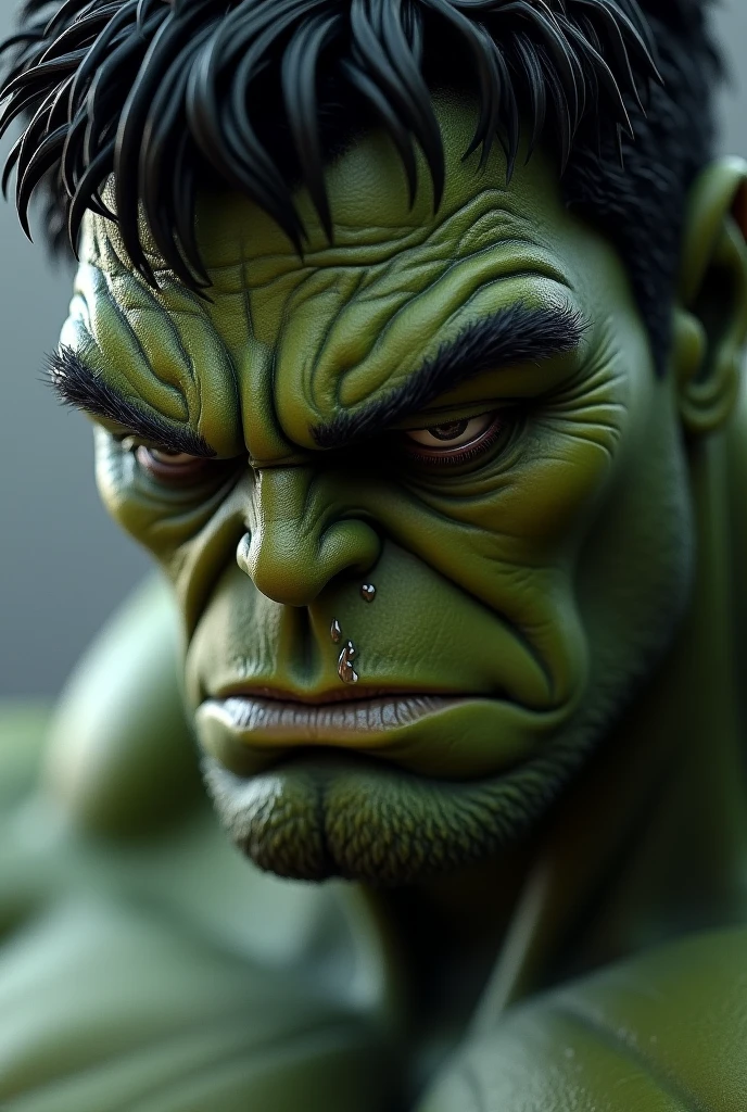Closeup photo portrait of Hulk, frontal view, atmospheric scene, masterpiece, best quality, (detailed beautiful face, detail skin texture, ultra-detailed body:1.1), sharp focus, natural lighting, subsurface scattering, film grain,