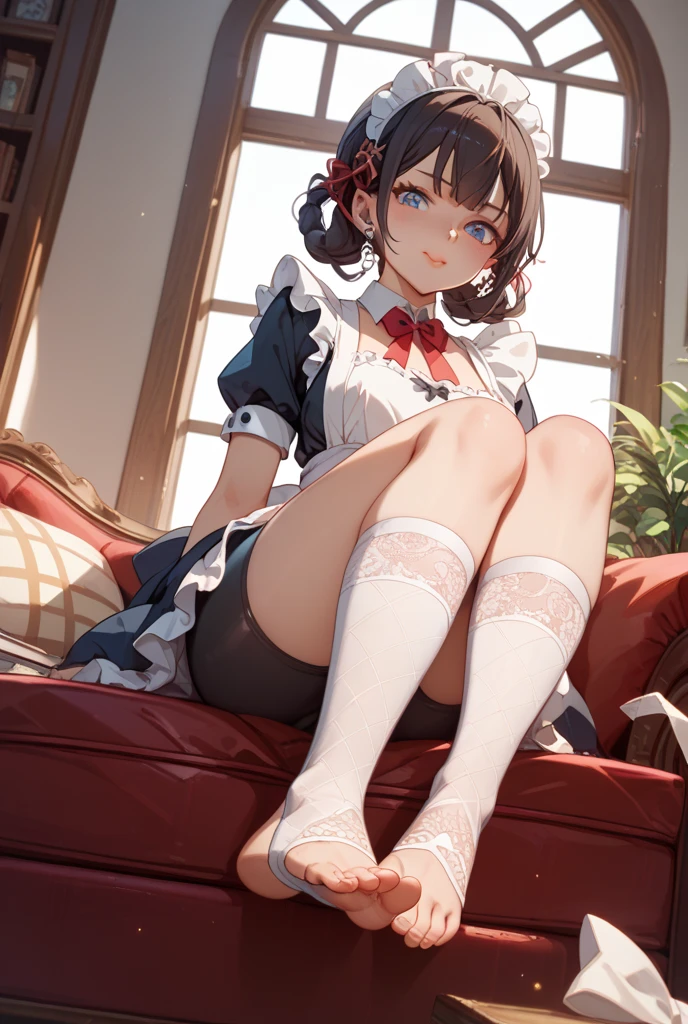 (masterpiece, best quality), 1girl,  beautiful face,   <lora:FeetExperiment:1> FFA, from below, leg up, sole, feet, looking at viewer, white thighhighs,