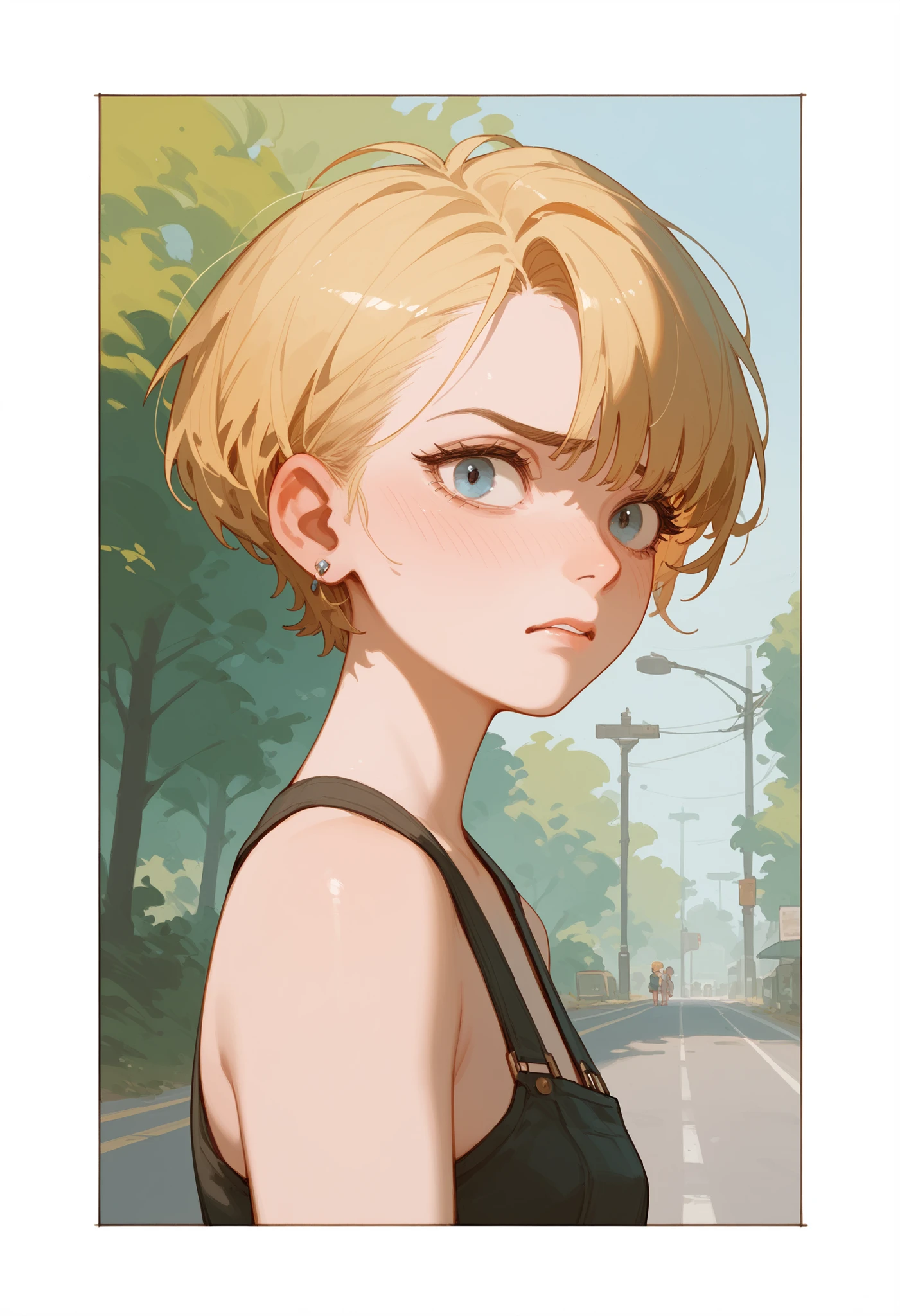 girl looks awkward, blonde, very short hair, very short hairstyle, road background with blossoming tree.