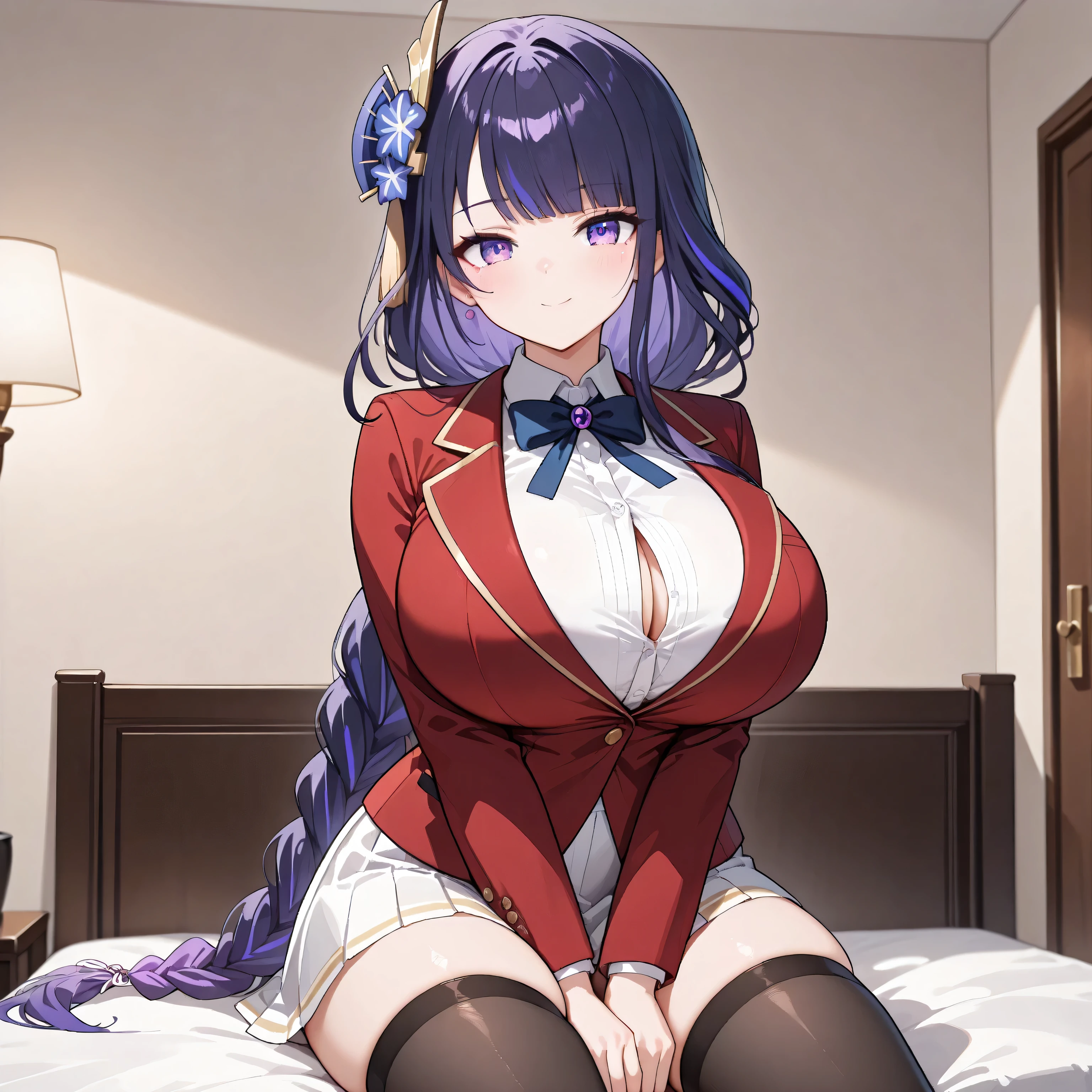 masterclass, best quality, ultra-detailed, illustration, 1girl, gentle smile, white coat, large breasts, indoors, military uniform, purple eyes, jewel-like eyes, extremely detailed eyes, extremely detailed face, epaulettes, glowing purple hair, from front, see-through dress, heavy mackup , slim figure, visible pussy , orgasam , hair ornaments, cum inside pussy 