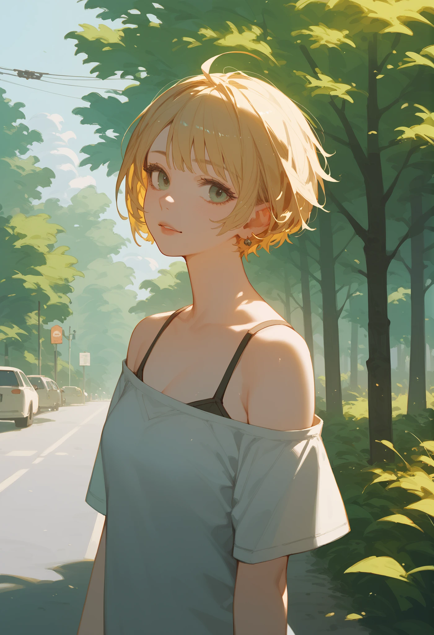 girl, blonde, very short hair, very short hairstyle, road background with blossoming tree.