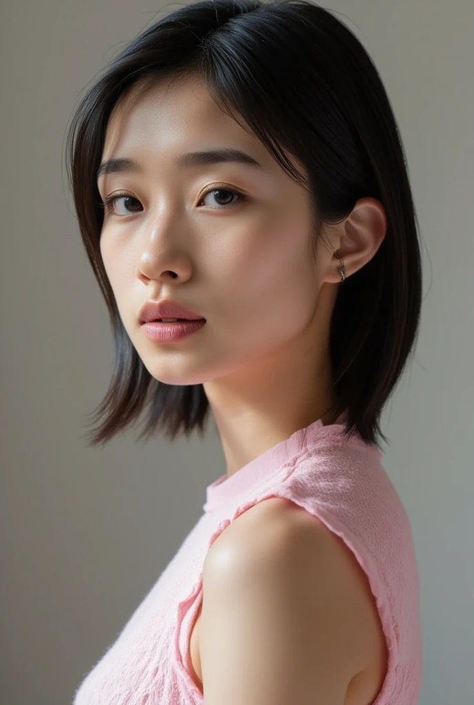 Stylish short sleeve top、Silky Hair、30-year-old woman(背景にWhite wall、Straight hair:1.4)、White wall、In front of the white door、(窓のあるWhite wallの部屋)、((Highest quality、8K、masterpiece:1.3))、Ultra-high resolution、(photoGenuineistic:1.4)、RAW Photos、Japanese,(detailed aspects)、Genuine、Photographed in natural light、Highly detailed face and skin texture、Highly detailed lips、The correct state of the human body、Medium Hair、Black Hair、Mr...々stop temporarily、Natural color lip、Shiny Hair、Don'Don'Don'Don't look at the camera、profile