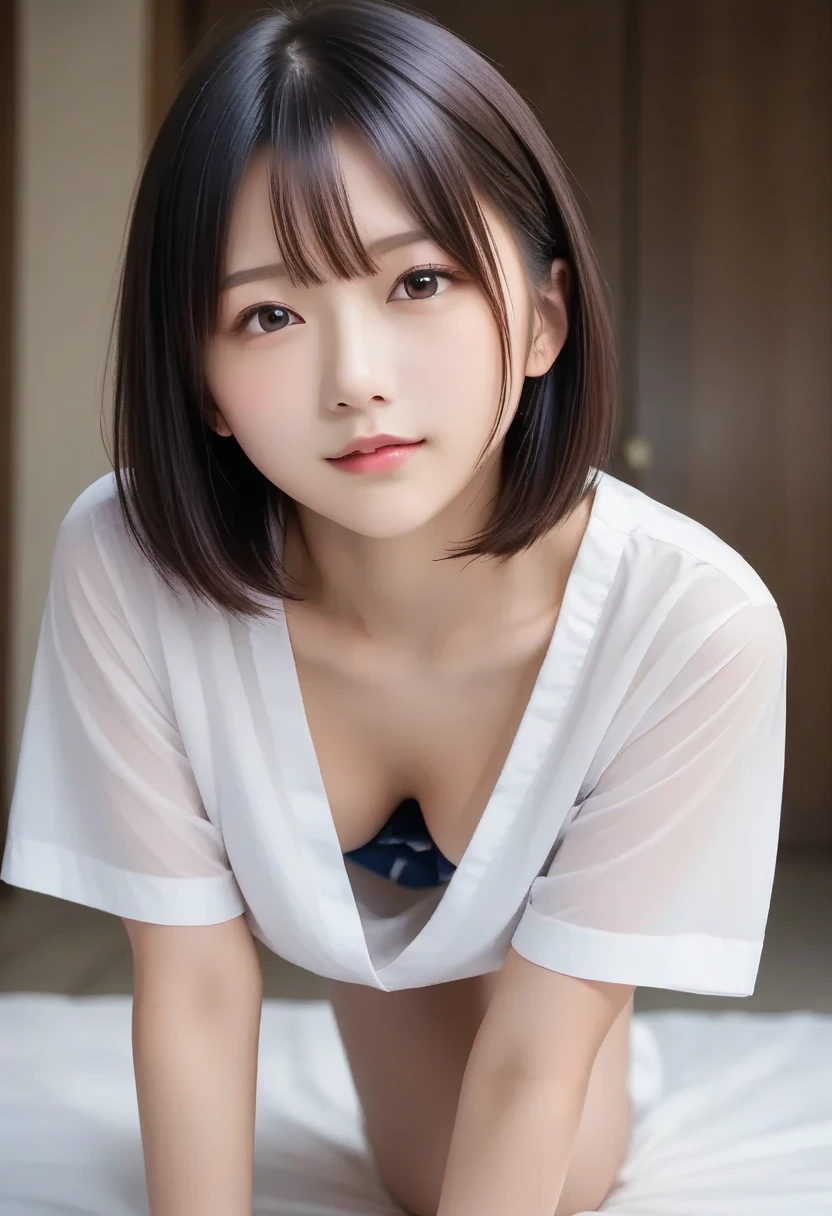 Cute 21 years old Japan、Sitting on the bed、tshirts、Super Detail Face、Eye of Detail、二重まぶた、beautiful thin nose、foco nítido:1.2、prety woman:1.4、(light brown hair,short cut hair,、top-quality、masterpiece、超A high resolution、(Photorealsitic:1.4)、full body Esbian、A smile、C cup breasts、