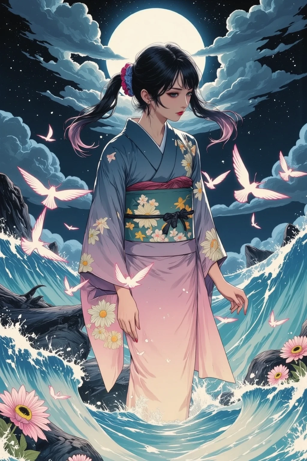 A woman in a kimono gazing at the sea where nocturnal insects shine ...