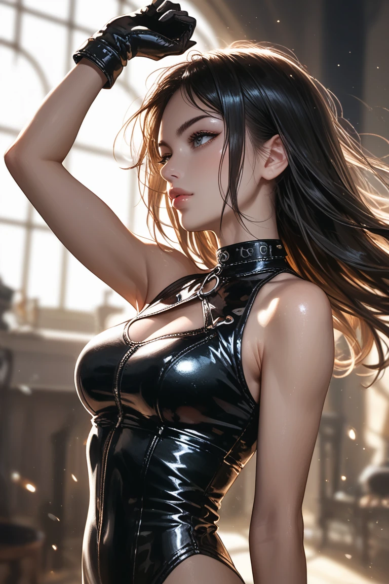 (Highest quality,4K,8k,High resolution,masterpiece:1.2),Very detailed,(Realistic,photoRealistic,photo-Realistic:1.37),beautiful girl,long, straight black hair,Healthy Body,
Very detailed armpit,Beautifully detailed sweat glands,Smooth skin texture,Carefully drawn, Pink armpits, odor,
(Sleeveless black bodysuit, Shiny gold lining), (humid:1.2), Beautiful Blue Eyes, (Fascinating face:1.2),
((light bloom)), Volumetric lighting, Soft lighting, Bokeh.