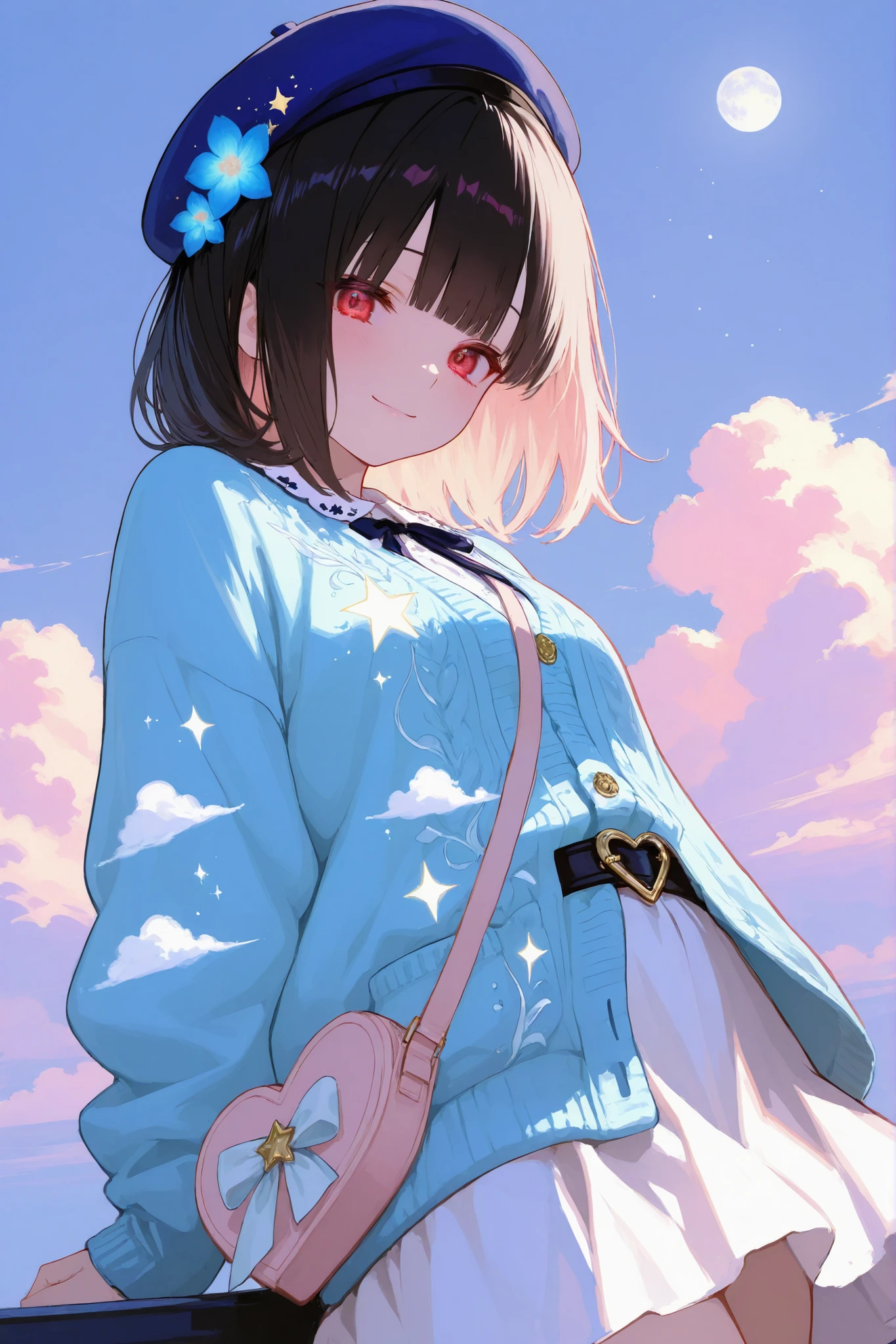 masterpiece, best quality, 8k, highres, ultra-detailed,HDR, UHD, studio lighting, ultra-fine painting, sharp focus, physically-based rendering, extreme detail description, professional, illustration,pastel,
Low Fidelity (lofi) art style,
pastel pink and purple tones,
soft orange, best quality, 1girl, pastel colors, beret, cloud pattern, blue beret, blue cardigan, cloud design, white skirt, heart-shaped belt, crossbody bag, moon and stars motif, flower accessory, closed eyes, smile, dreamy atmosphere, minimal background, light blue background, celestial theme, cute style，blunt bangs，short hair，black hair，(light red eyes:1.5)， beautiful Japanese woman, “A dreamy, ethereal landscape bathed in soft blue light, with misty mountains, glowing blue flowers, and a serene sky filled with stars — in a fantasy art style.