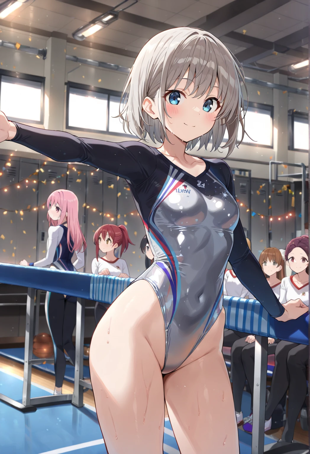 highquality illustration, masterpiece, very delicate and beautiful, attractive girl,(colorful leotard, heattech leotard,tight leotard,long_sleeve leotard,ribbed leotard,high_leg leotard,turtleneck leotard), thin,slender body,slim,gymnastics club,2 girls,gymnastics athlete,bare legs,gymnasium background,beautiful eyes, light smile,(masterpiece, best quality:1.2), highres, extremely detailed CG unity 8k wallpaper, perfect lighting, Colourful, ultra-high res,4K,ultra-detailed, photography, 8K, HDR, 17 ages,