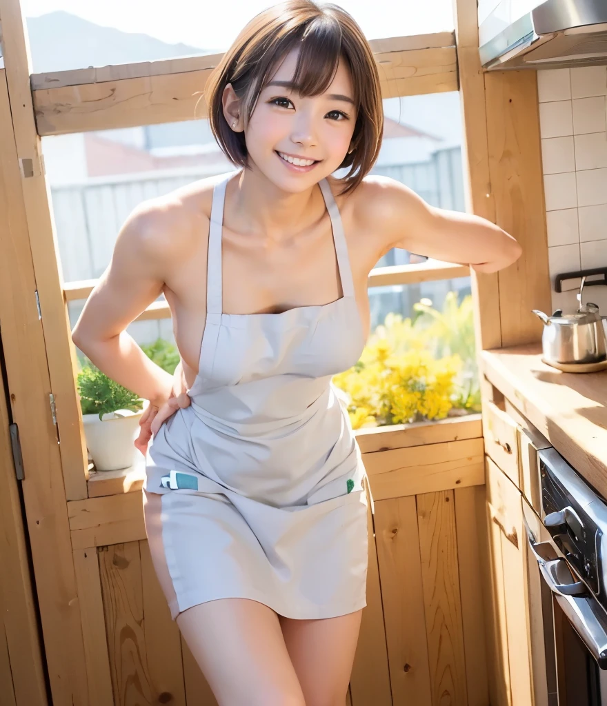 (sfw:1.8、best quality、masterpiece、 Super fine)、Clear Photo、(photorealistic:1.6)、natural light、 so cute、 cute Yuki Yoda 、babyface、( small breasts:1.6、 Flat chest:1.6、 thin waist、 very short hair :1.6、brown hair、smile、Delicate Face、beautiful skin、( naked and wearing an apron:1.4)、( bending forward:1.6 )、 standing in the kitchen 、 Up to the knees :1.8、(My anatomically perfect 、 charming)