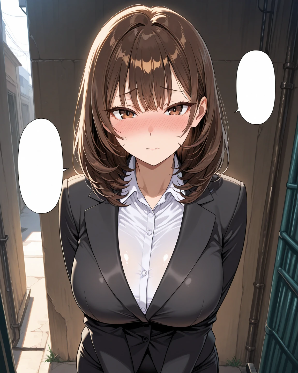 {masterpiece, distinct_image, extremely detailed CG, (extremely detailed fine touch:1.2),beautiful eyes and detailed face, (white_light, light rays, dappled light, ray tracing:1.2), photo realistic, 4k, 8k, high_resolution, (perfect_finger:1.5), (beautiful_detailed_eyes:1.3), glitter, white_light, (glow_white_face, front_light:1.3),{1girl, face_focus, looking for_in_viewer, cowboy_shot, standing},{adult,curvy, (huge_breasts, wide_hip:1.3),thigh_gap, groin, narrow waist, skinny stomach,(Fantasy Academy school student uniform, white button shirt, black Tailored jacket, pleated skirt:1.7),(brown hair, long hair, red eyes, bangs, ponytail:1.3),absurd expression, embarrassed face}