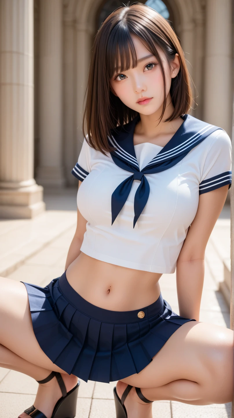 sailor suit, half naked, big nipples, big areola, very big boobs, Spread your legs and show your crotch, clitoris, very short mini skirt, pleated skirt, Skirt flip, Exposed crotch, plump thighs, female organ, labia minora, short hair, young face, baby face, smile, Good alignment of teeth, Sex worker