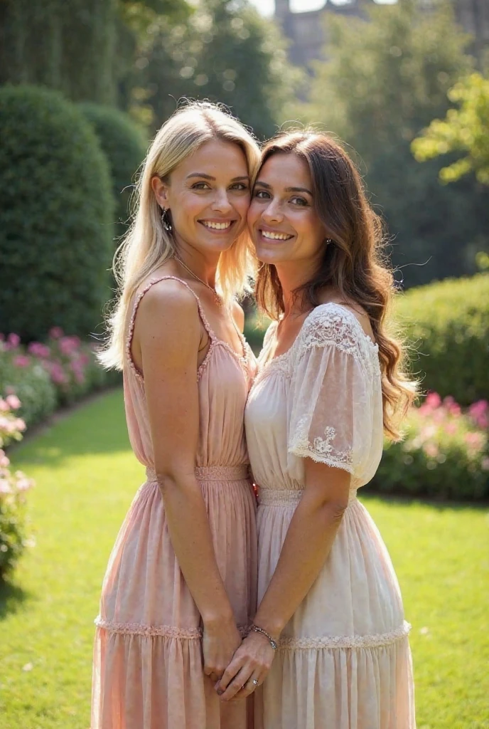 A photo of a age 37 (hourglass-figure blonde:1.5) woman wearing a pink sundress hanging with her girlfriend who looks much different.
