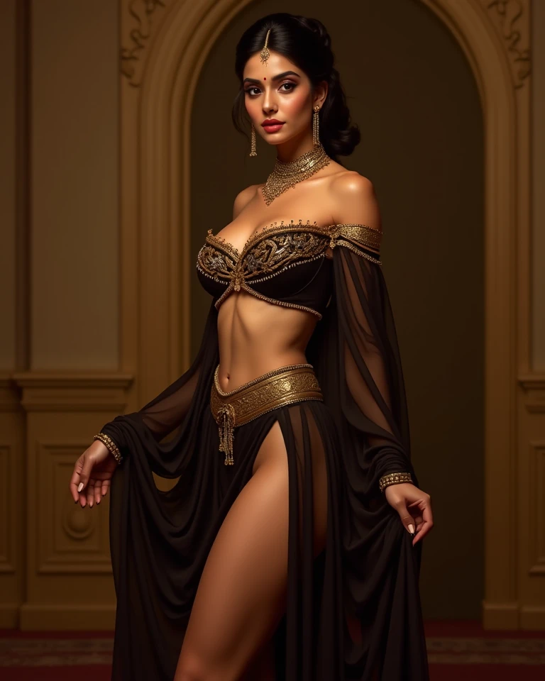 full body sensual aristocratic beautiful face 30 years old beautiful shape dark skinned princess dark skin shaved bald head black eyes brown reddish sensual lips broad shoulders slim waist shapely long thighs tattooed body big breast two piece leather indian dress light baroque standing in the ornate ballroom of the palace and looking at the camera, bright colors, slight depth of field bokeh