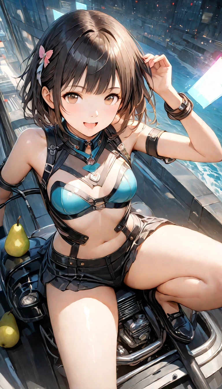(straddling to hit her crotch on exposed pipe), open legs, raise leg, blush, realistic skin, eyes realistic sizing, pubic hair, open mouth, masturbation, orgasm face, in the factory, machines, ceiling