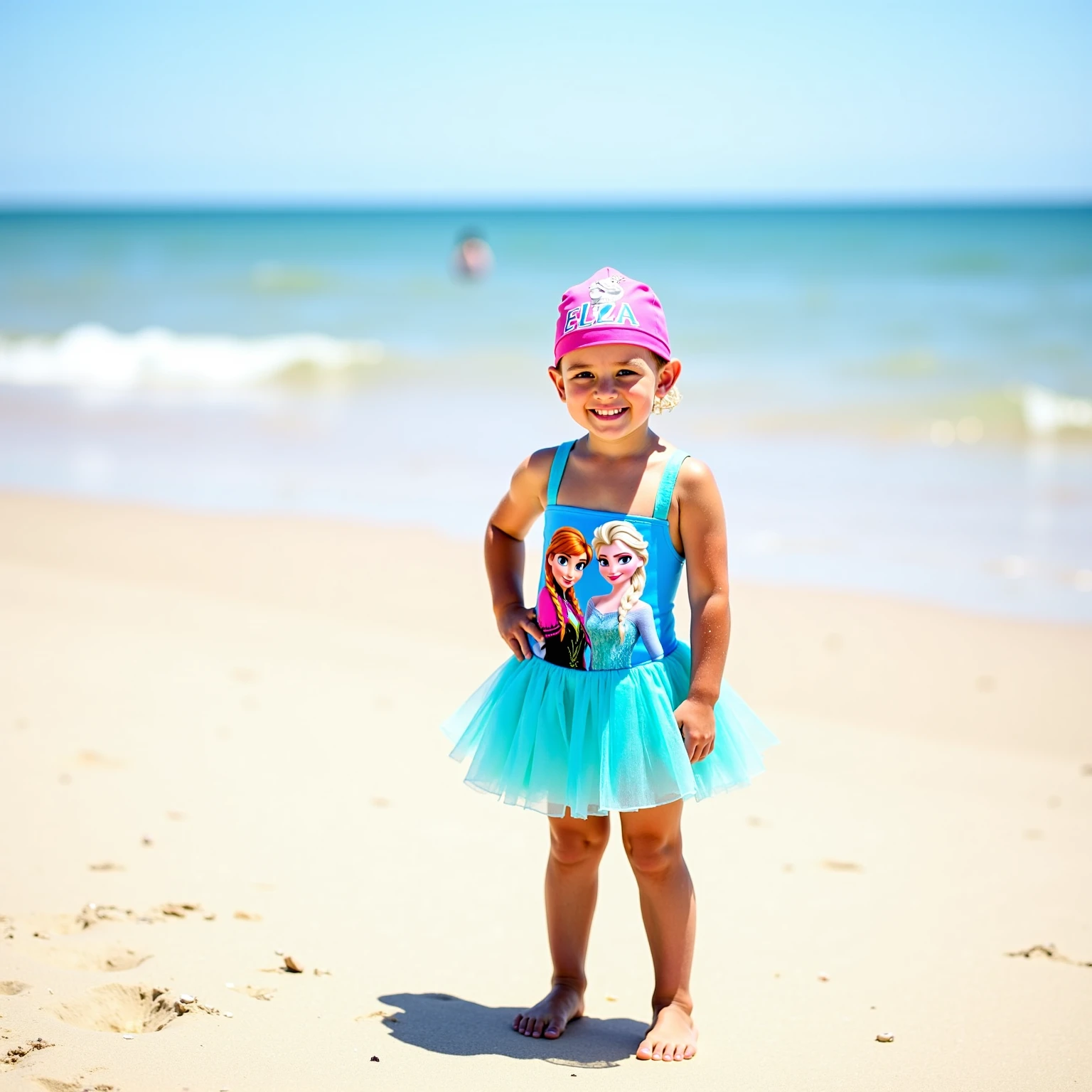 a 3-year-old child, running on the beach sand with flowing hair , usando um lindo vestido azul claro ao entardecer. Com lindos e brilhantes olhos azuis e cabelo longos pretos hiper-realista, 8k, Ultra HD | | | |, Estilo Pixar, Estilo Disney, CIENMA 4D, --AR 3:2**