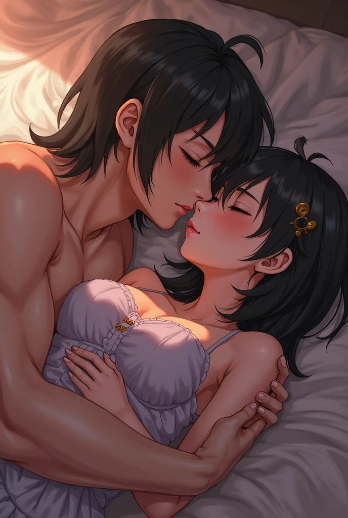 high quality, detailed, Realistic, (two 16 years old japanese boys), (detailed black eyes), (abs:1.5), (shiny skin), detailed nipples, black hair, (black tiny thong), (erected bulge), summer noon, (smile:0.7), close up face, laying, kissing,