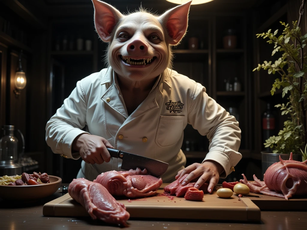 I want a character skin from the game, a two-meter-tall butcher with a sinister pig mask, wearing a white outfit and an apron stained with blood.