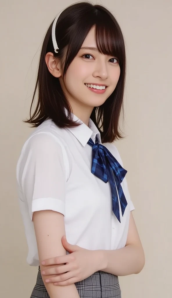 Highest quality、masterpiece、8k、Very detailed、Realistic、One girl、Looking at me with a smile、Black Hair、Short Hair、Small face、Slender、(Big Breasts:1.5)、Thin and beautiful legs、narrow and constricted waist,、Young face、A tight-fitting short-sleeved white shirt with buttons and a collar、Short navy blue pleated skirt、Red ribbon on chest、(Erect nipples:1.2)、(Only the middle button of the shirt is undone)