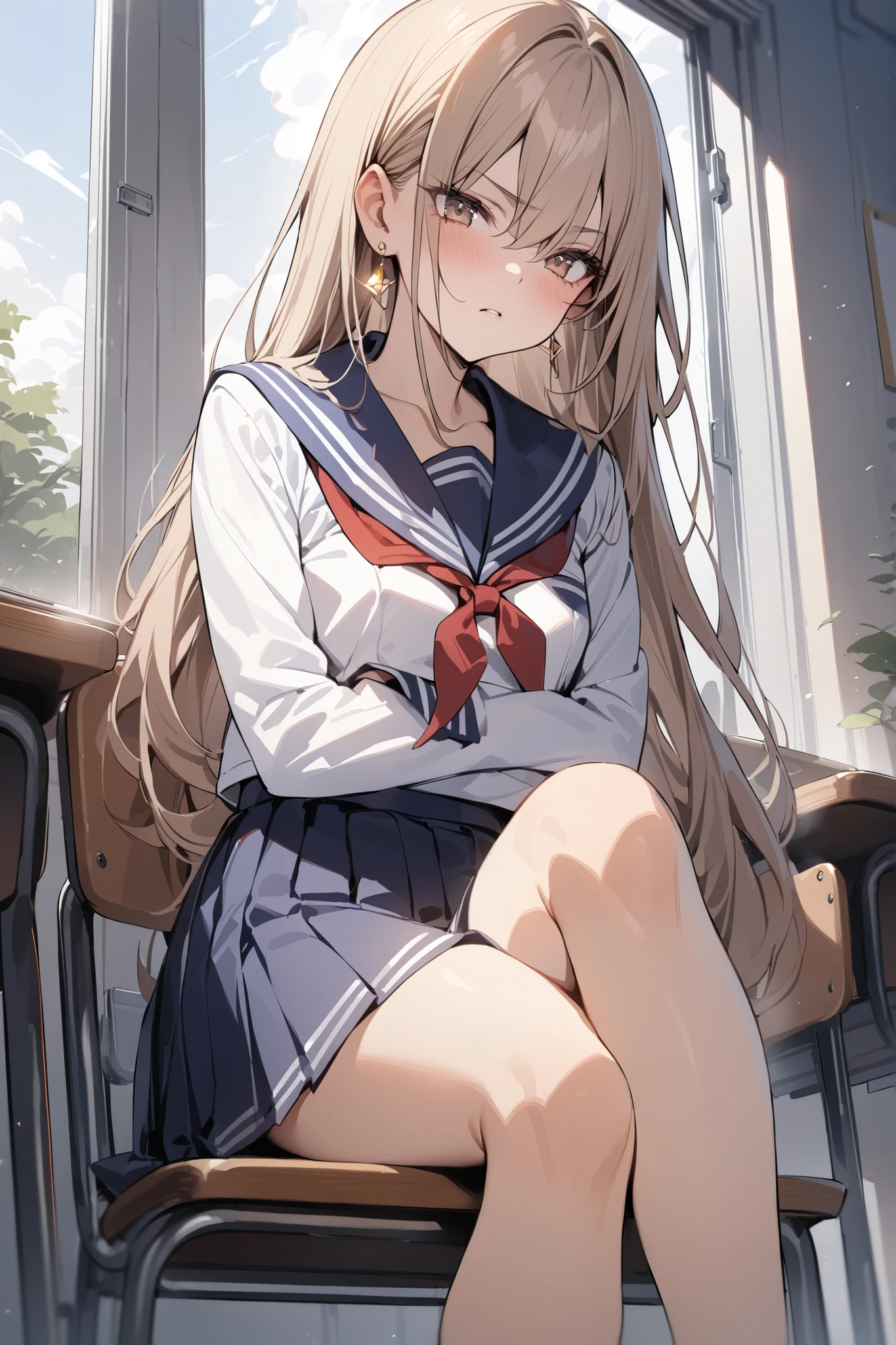 <lora:murasame_v1:0.7> aamurasa, long hair, twintails, school uniform, white sailor collar, red neckerchief, yellow cardigan, long sleeves, black skirt, pleated skirt, (brown pantyhose:1.2), loafers, open cardigan, clothes lift, midriff, sweat, masterpiece, best quality, highres, <lora:GoodHands-vanilla:1> nice hands, perfect hands