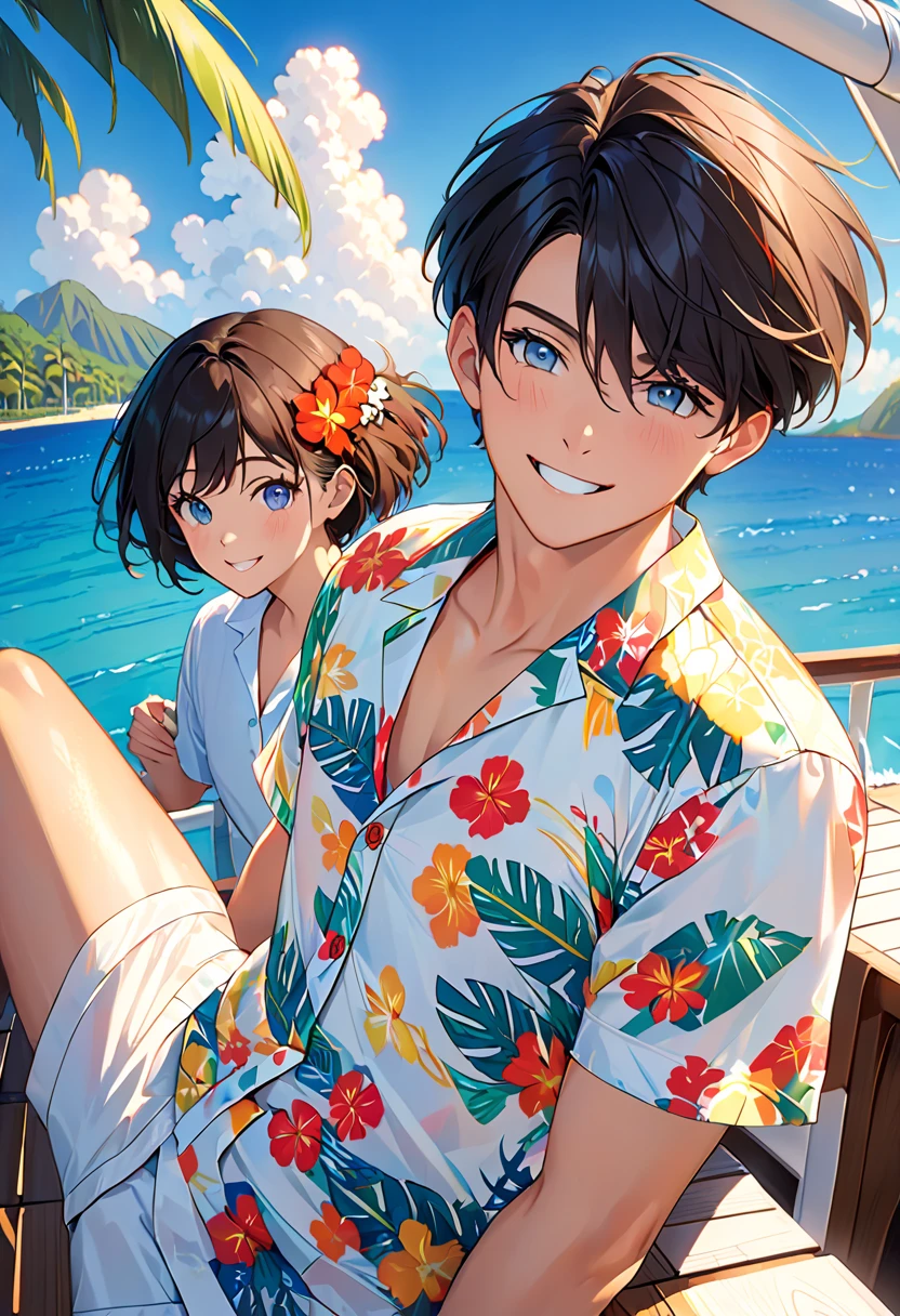 masterpiece, best quality, high quality, extremely detailed, (1 male handsome age 20 years old solo one: 1.5), (short short hair up to neck, bangs up to eyes: 1.5), (hair color brown), (eyes yellow green: 1.3), 8 head tall, slender Nose, Expression Muscles, Throat, (Hibiscus Print in Boxer Sea Water Pants: 1.3), (Smile: 1.3), (Playing Underwater: 1.3), (dynamic pose), (Background tropical sea: 1.3), ( blue sky: 1.3)