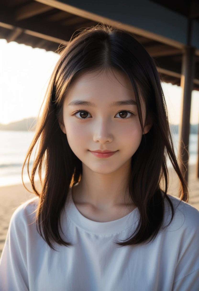 (8k),(masterpiece),(Japanese),(),((Innocent look)),((Childish)),Front view,smile,cute,Innocent,Kind eyes,naked,semi-long,Hair blowing in the wind,Black Hair,Somewhat strong wind,noon,bright,whole body