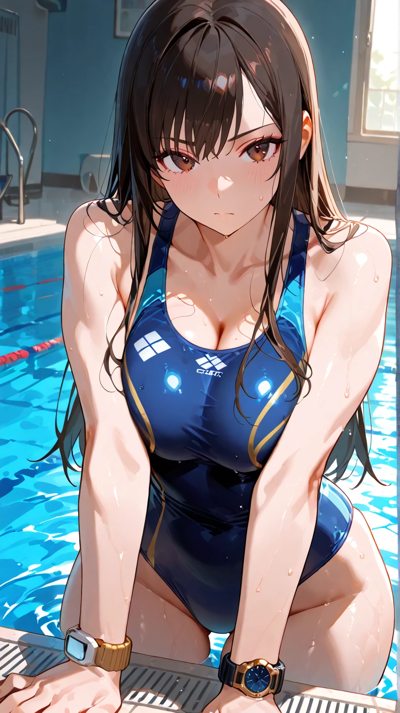 ((Tabletop, Highest quality, High resolution, , Pixel Perfect, 4K,))), 1 female, 、The whole body is visible、 ((Long Wavy Hair, bangs, Brown Hair)), ((Brown eyes, Beautiful eyelashes, Realistic eyes)), ((Detailed face, Blushing:1.2)), ((Smooth texture:0.75, Realistic texture:0.65, Realistic:1.1, Anime CG Style)), Medium sized breasts, Dynamic Angle, Perfect body, (( , , Beautiful swimming trainer、、Black and red competitive swimming wear 、)), 、、Very embarrassing panic smile, 、、、Luxury hotel pool、Sit by the pool、Nipples are visible、、、、、 、Angle from below)、