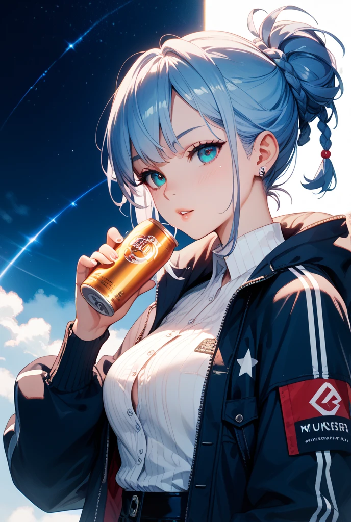 1girl, blue hair, red eyes, 25 years old, businesswoman, navy suit, office lady, beer stein, cheers, outdoor, starry night sky, rainbow colored stars, comet, smiling, fantastical atmosphere, soft focus, (best quality,4k,8k,highres,masterpiece:1.2),ultra-detailed,(realistic,photorealistic,photo-realistic:1.37)