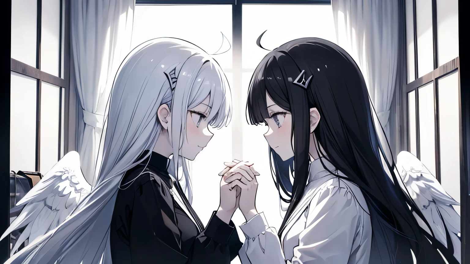 ((style:colored pencil,Pale colors)),(anime)、(masterpiece:1.2),White Winged Weather Black Winged Fallen Angel、Two Girls、Facing each other and holding hands、Contrast between black and white、Light production、Black and white feathers fluttering around