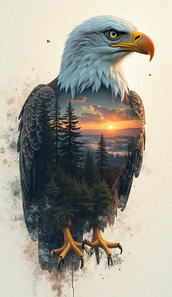 "Double exposed full body portrait of an insanely majestic bald eagle with american landscape and luminous american landscape", JK Russ Mills, CGSociety, Minjae Lee Chalida Mingmalee, Anna Dittmann, Jordan Grimmer, Splash Art, Reverse Graffiti, by Alex Maleev, Yoji Shinkawa 88 light brown, blue and brown details|